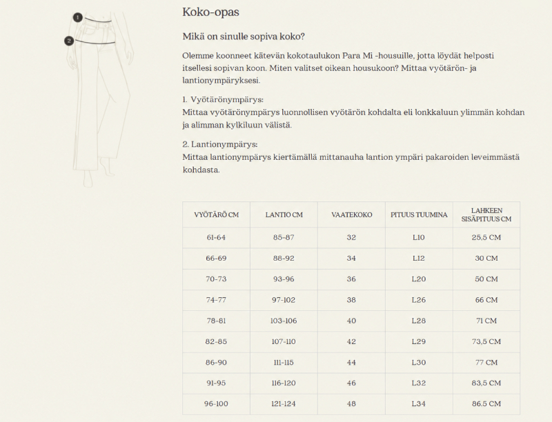 ParaMi sizes